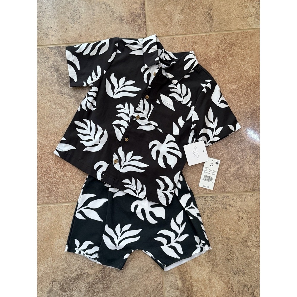 Grayson Mini Toddler Boys' Palm Fronds Matching Shirt & Short Set Black 4T NWT